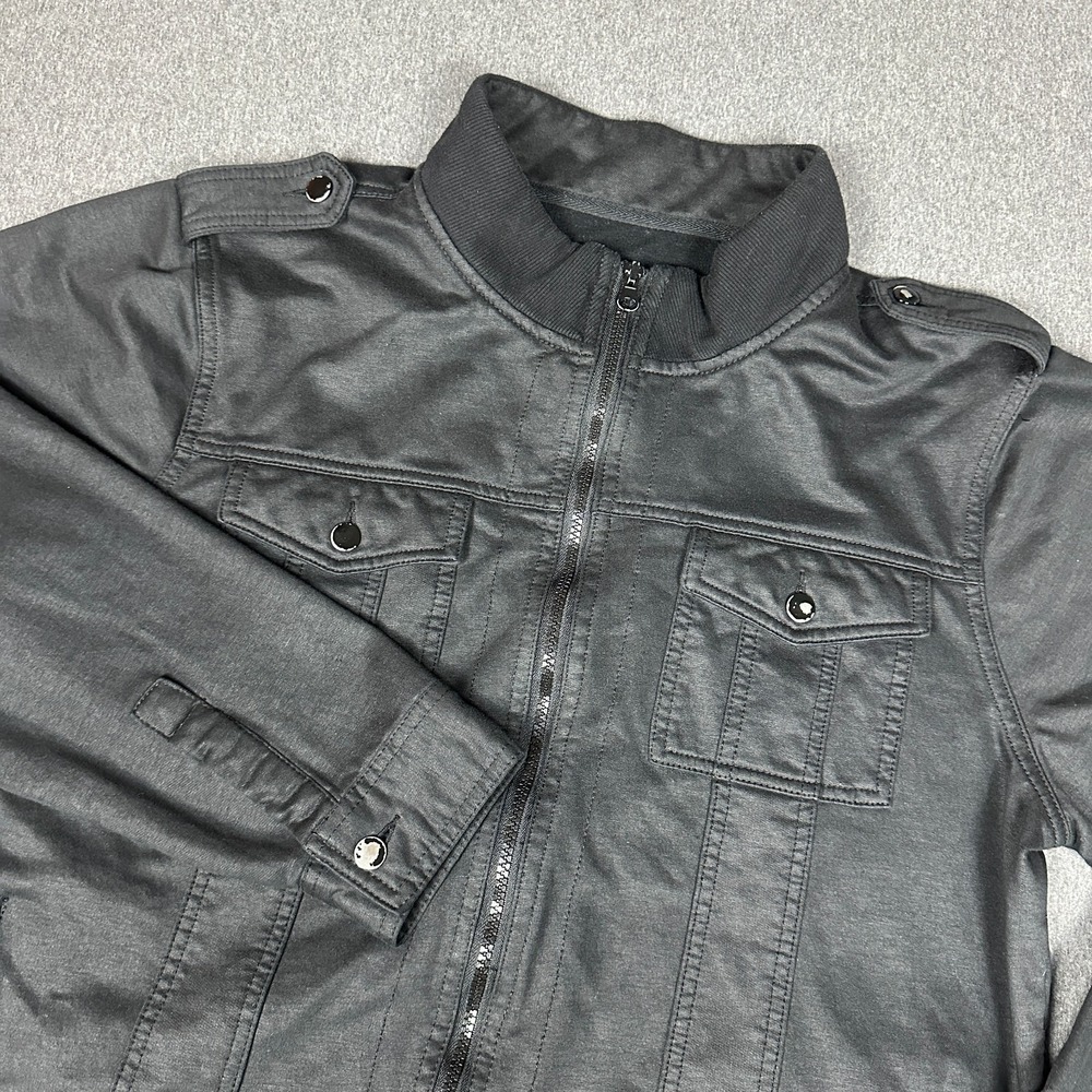Kaun Mens XL Black Full Zip Trucker Jacket Coated Cotton Bomber Ribbed Collar